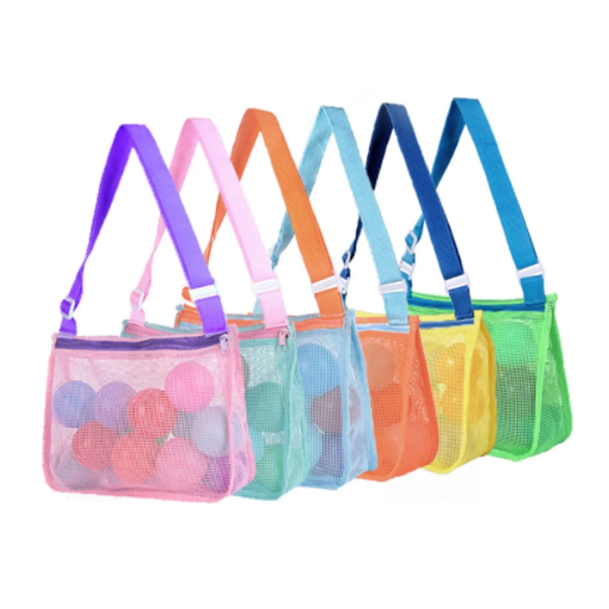 

6Pcs Mesh Beach Toy Bag Colorful Kids Beach Bag Shell Collecting Bag Sand Toy Storage Bag with Adjustable Carrying Strap