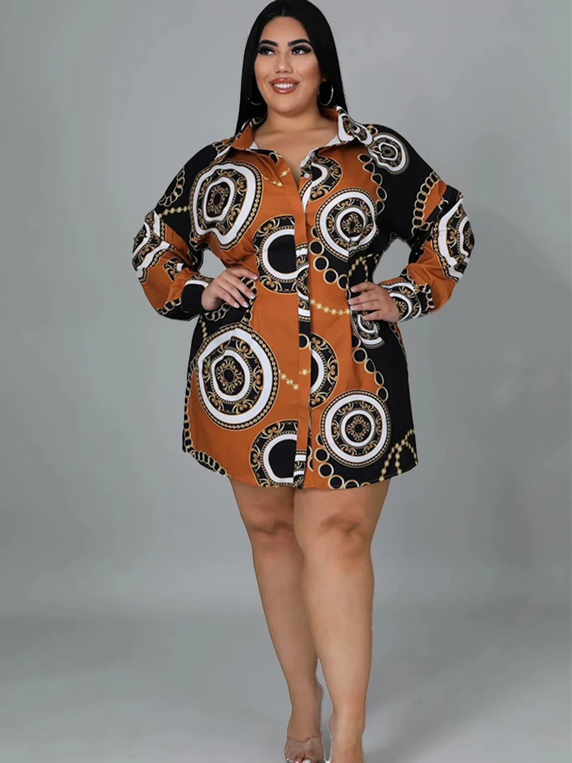 Plus Size Women's Clothing 2022 New Summer Printed Multicolour Ladies Long Sleeve Shirt Dress Short Skirt Oversized