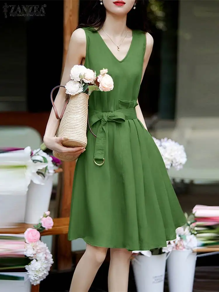 

ZANZEA Women Sleeveless Pleating Knee-length Sundress Solid Tank Dresses Fashion Summer 2023 Holiday V-neck Bandage Pocket Robes