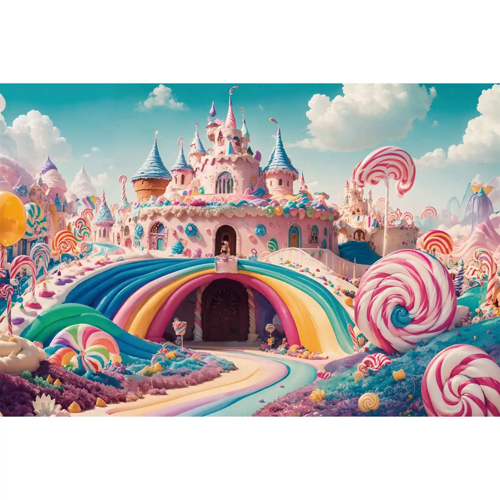 

Candyland Pink Castle Backdrops Photography Rainbow Cream Pathway Lollipop Clouds Sky Custom Baby Photographic Backgrounds Props