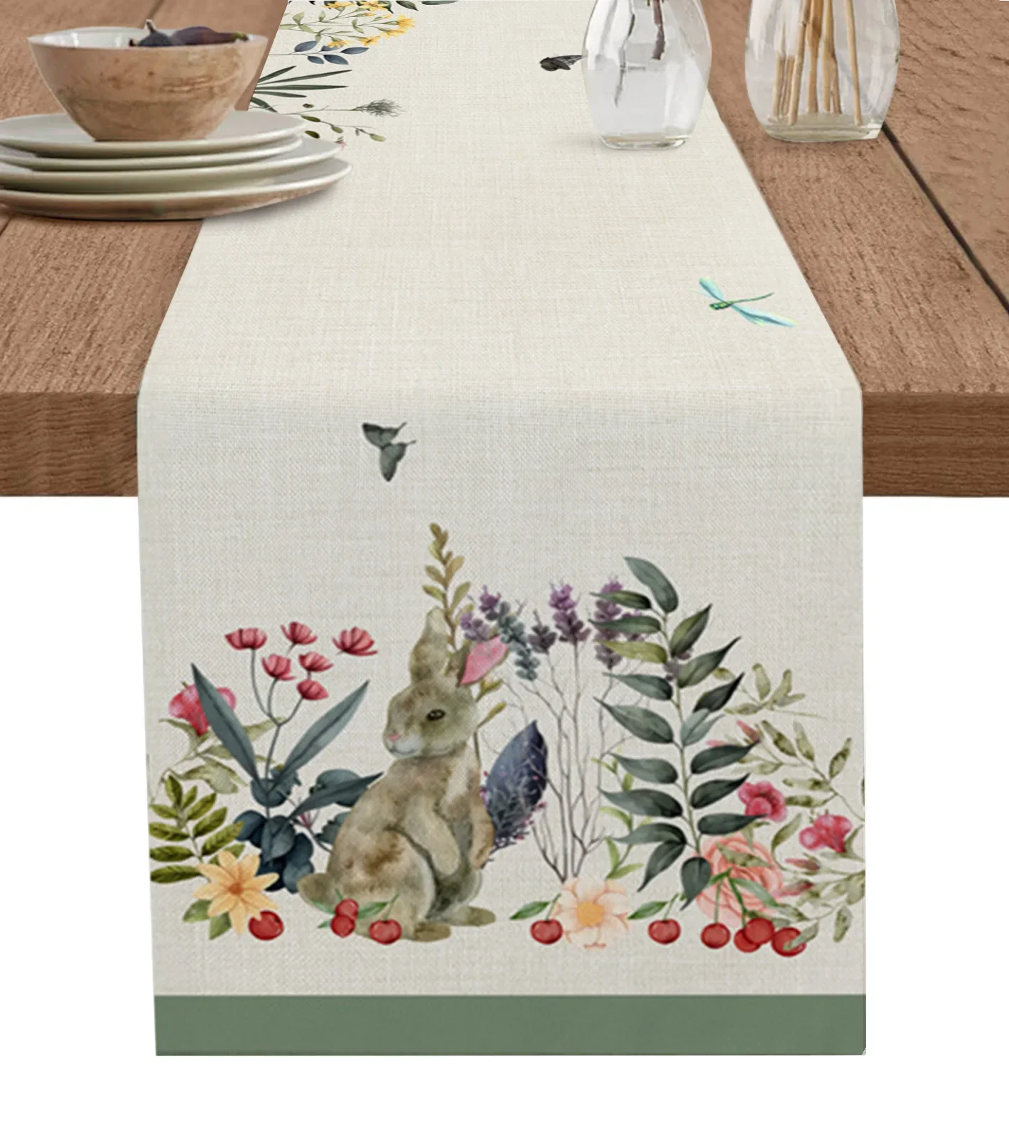 Акварельные животные кролики цветы растения льняные дорожки для стола украшение