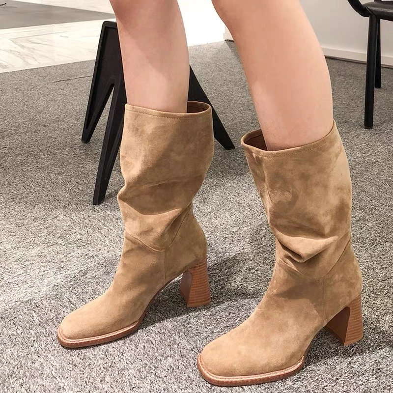 

New Thick Heels, Middle Heels, Square Toe Boots,pleated Boots, Fashion Women's Boots, Korean Version of Temperament, Retro Boots