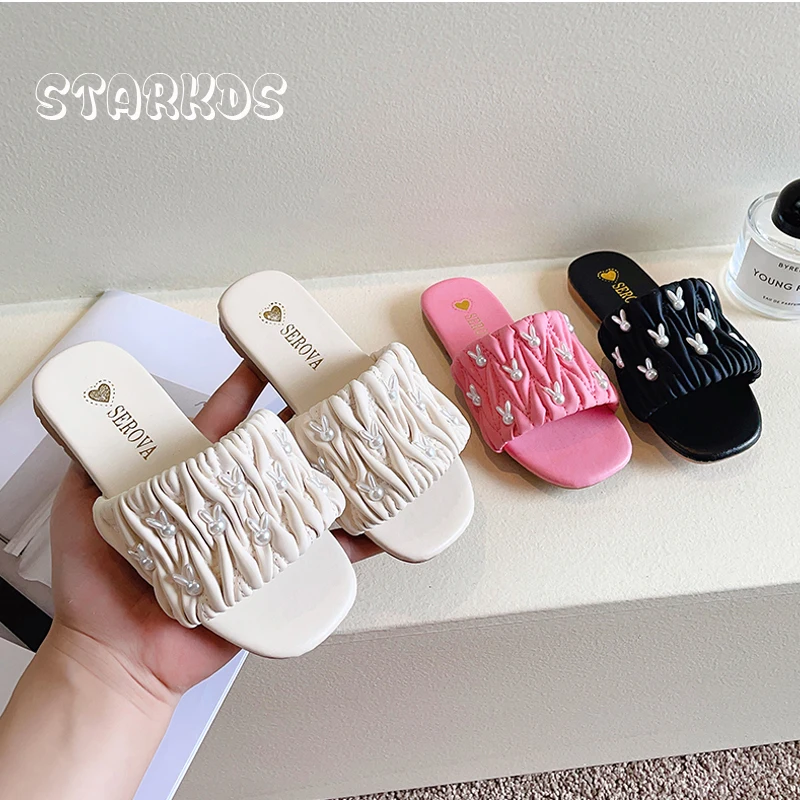 Luxury Pleated Slippers Girls Cute Pearl Bunny  Sandals Kids Brand Design Outdoor Flat Slides Summer Beach Shoes Anti-Slippery
