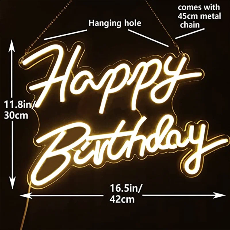 Wanxing Happy Birthday Neon Sign 42x30cm Light Sign for Birthday Party Decoration USB Powered Kids Gift with Switch(Warm White) images - 6