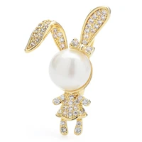 wulibaby pearl rabbit brooches for women men lovely cubic zirconia exiqusite bunny animal party office brooch pin gifts