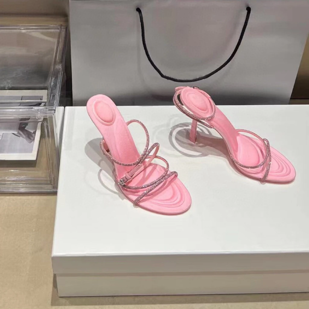 Temperament high heel rhinestone chain sandals women's thin heel Roman open-toe women's shoes 2023 summer new style