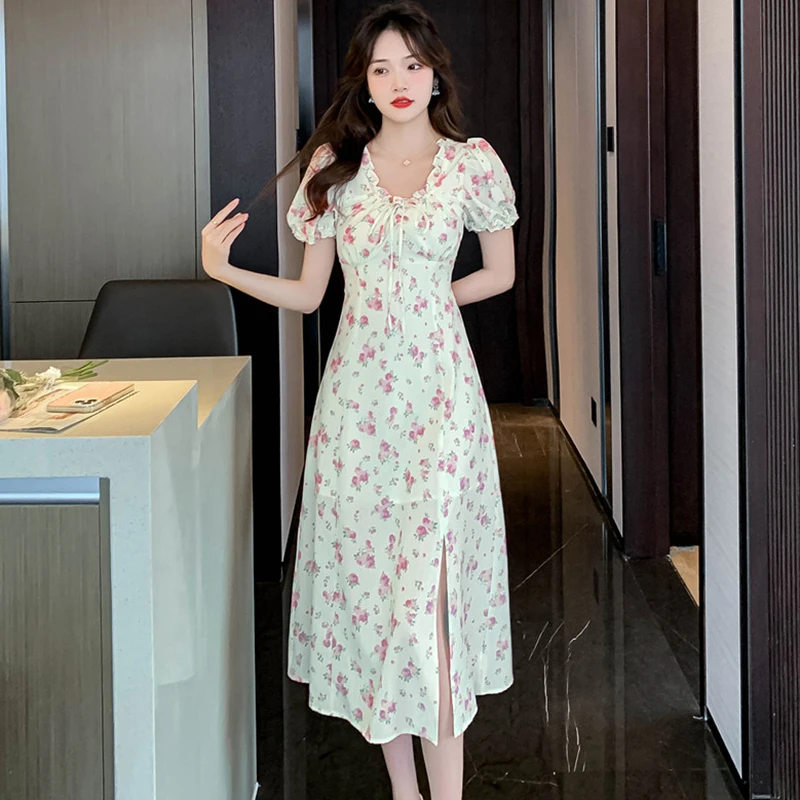 

Summer Floral Puff Sleeve Ruffled Collar Midi Robe Women Elegant Bodycon Chic Sexy Party Dress 2022 Casual Boho Beach Long Dress