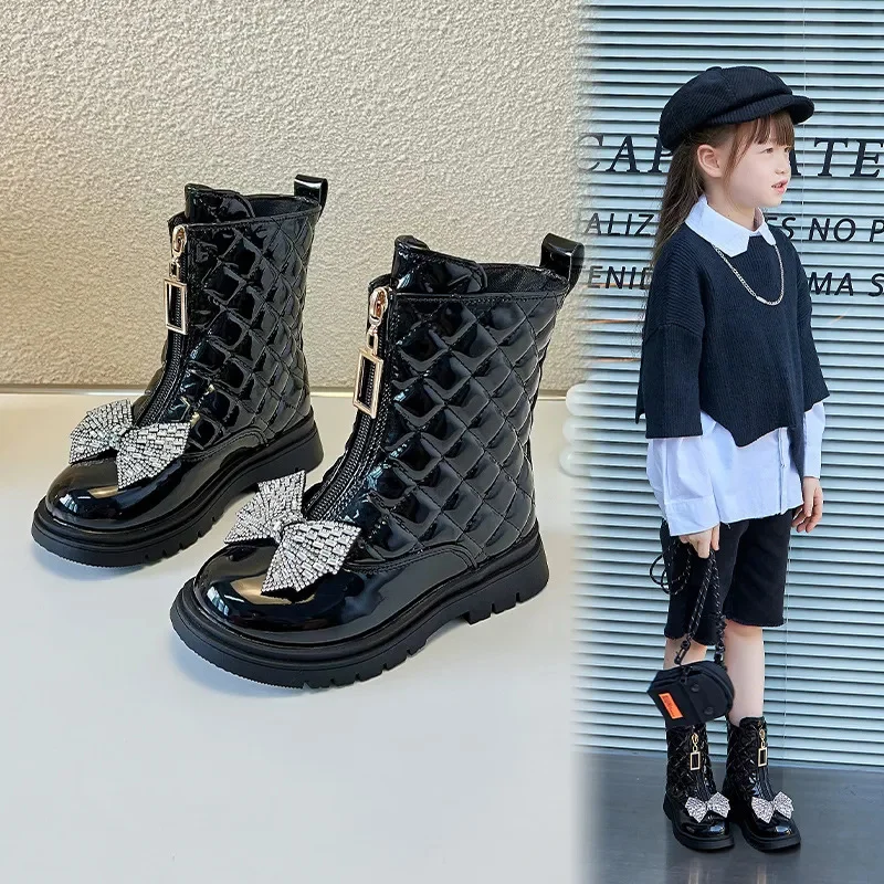 

Girls Autumn New Glossy Chelsea Boots 2023 Winter New Kids Versatile Rhinestone Bow Little Princess Casual Korean Style Boots