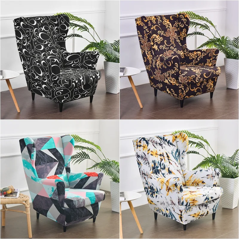 

Classical Sloping Wing Chair Cover Elastic King Back Armchair Covers Wingback Single Sofa Slipcovers Ottoman Footstool Cover