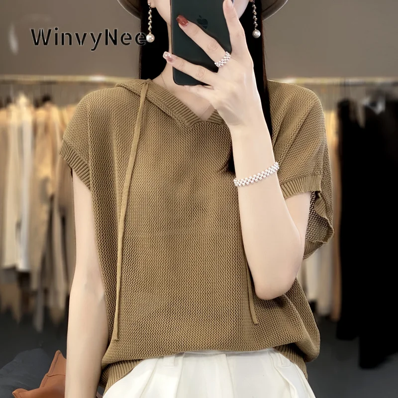 Фото Женский вязаный пуловер WinvyNee из тонкой шерсти с коротким рукавом и капюшоном, молодежный стиль, мягкий модный трикотаж, весна-осень ZA1737024 №4