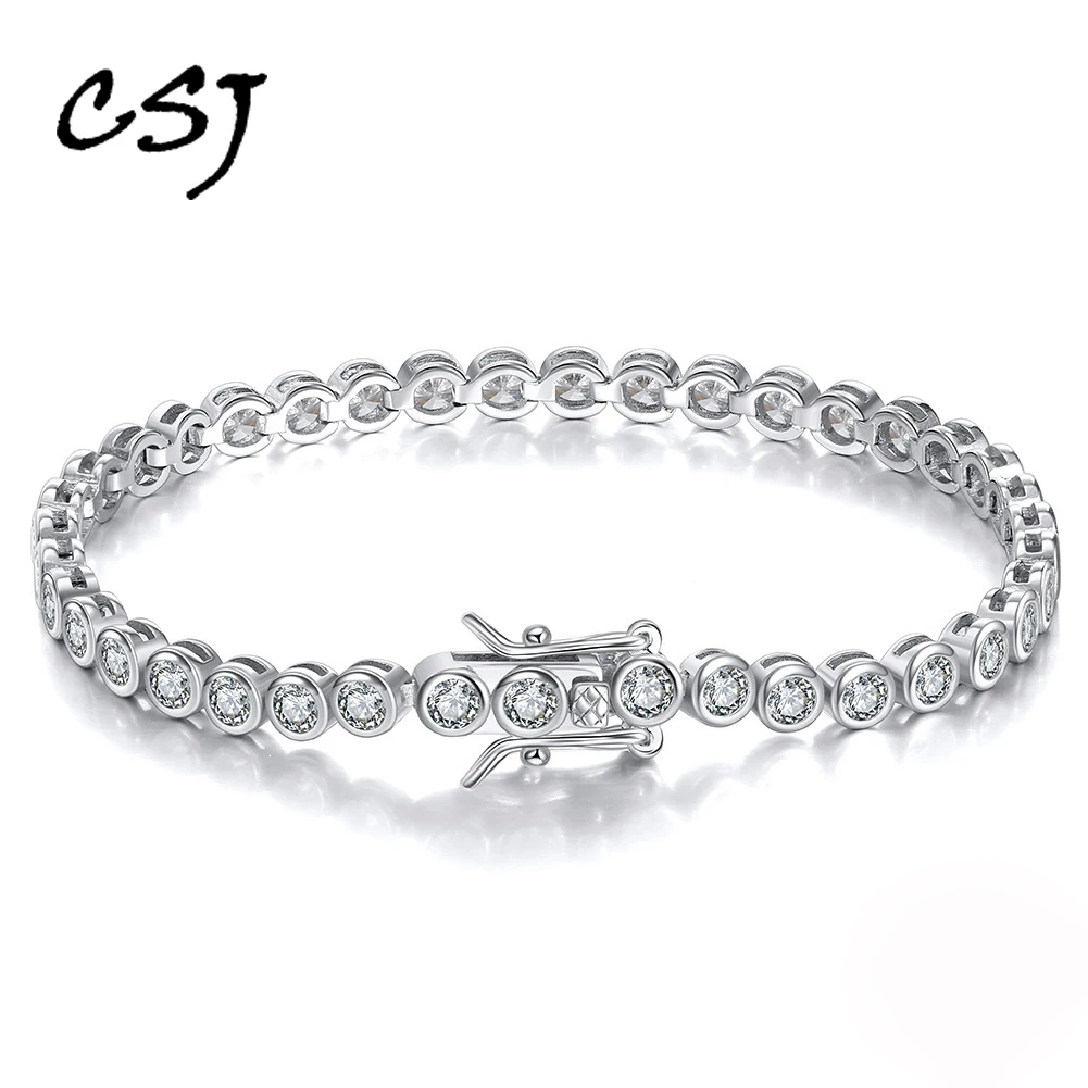 

CSJ 2 мм 3 мм Теннисный браслет из стерлингового серебра 925 пробы с бриллиантами, сверкающие ювелирные изделия 5A циркон для женщин, вечерние, св...