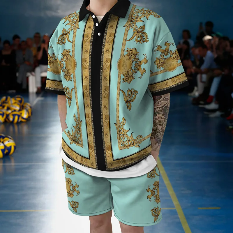 

Summer 2022 Men Suit Polo Shirt Short Sleeve Beach Shorts 2 Piece Set Fashion High Street Retro Harajuku Print Casual Tracksuit