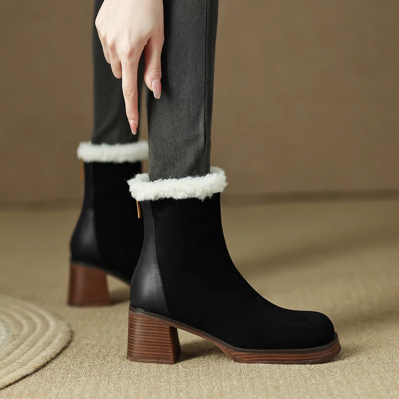 

2022 new European Russia winter boots natural leather warm snow boots 22-24.5cm cowhide+flannelette+wool back zip wool boots