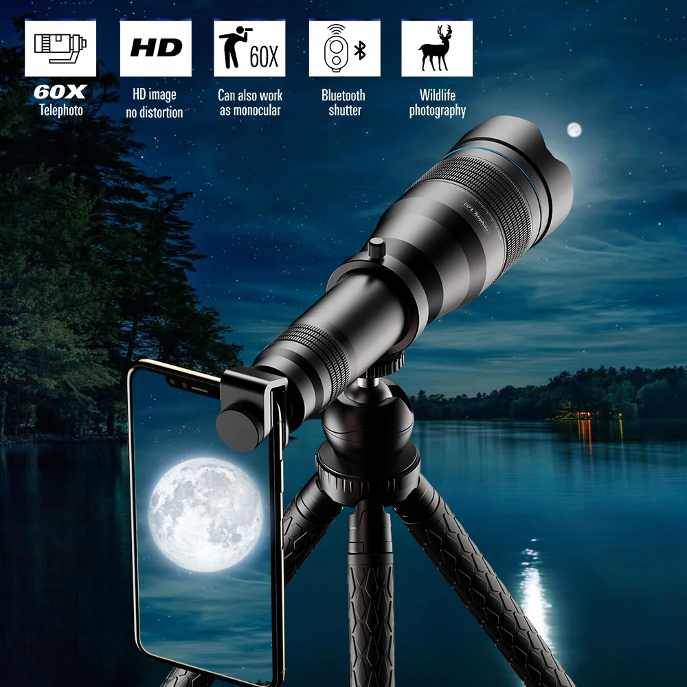 Apexel hd 60x Telescópio Telefoto Lente do Telefone com Tripé Remoto Obturador para Iphone12 Samsung Huawei Xiaomi Outro Smartphone Telescópio e binóculos