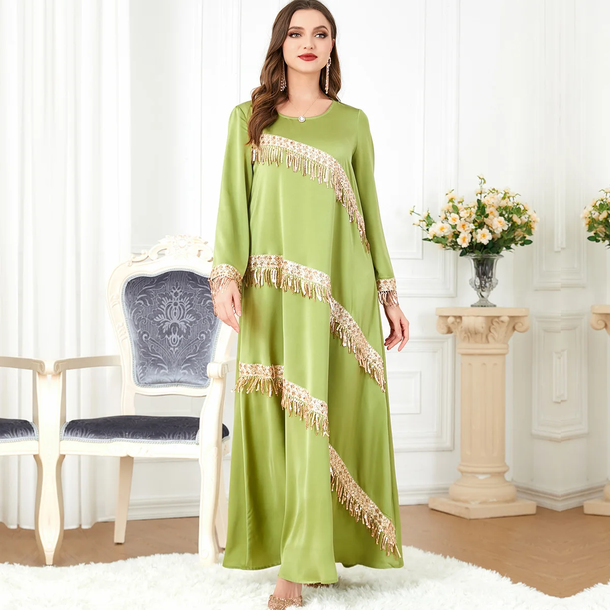 Morocco Party Dress Muslim Women Abaya Prayer Green Caftan Maxi Tassel Dresses Robe Abayas Dubai Turkey Longue Vestidos Largos