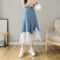 spring women elegant high waist a line long skirts fashion lace patchwork denim skirts holiday style female casual jean skirt