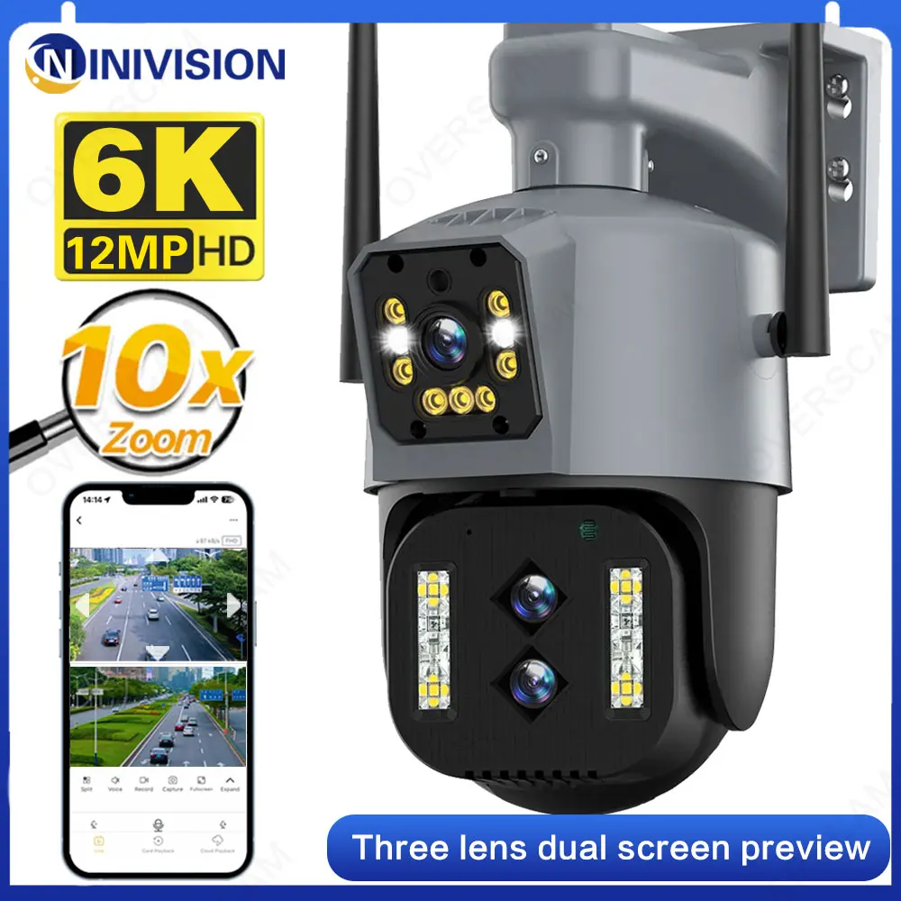 

6K 12MP Binocular WIFI Camera Outdoor 10X Zoom 2.8-12mm Three Lens Security PTZ Camera Auto Tracking P2P CCTV Video Surveillance