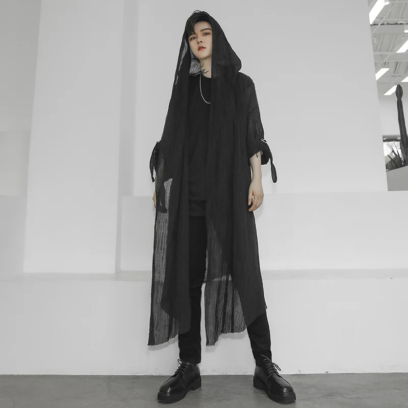

High Quality Mens Trench Unisex Casual Open Stitch Hooded Long Cloak Cape Coat Hip Hop Men Solid Loose Trenchcoat