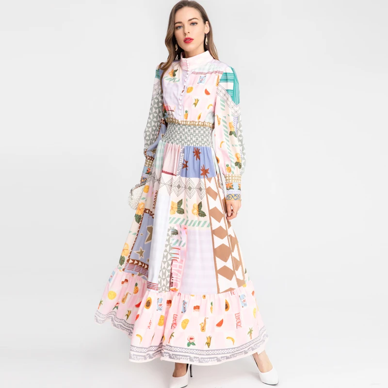 

Red RoosaRosee Fashion Spring Summer 2022 Women Stand Collar Lantern Sleeve Print Long Maxi Dresses Female Vestidos Robe Femme