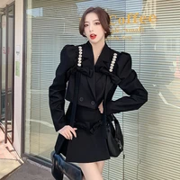 2022 spring new chic womens dress with diamond bow long sleeve suit coat high waist a line skirt fashion two piece set