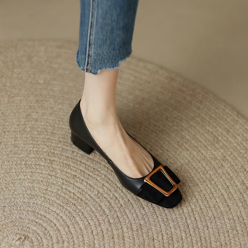 

High Heels Quality Women Shoe Metal Decorated Mules Pumps Chunky Heel Square Single Shoes Loafers Elegant Fashion Heels Women
