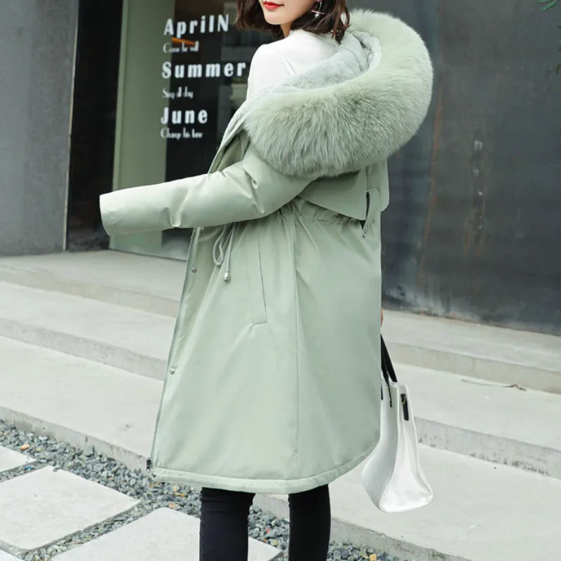 2022 Winter Women Thick Big Fur Coat Hooded Collar Plus Size Down Cotton Liner Jacket Fashion Female Mid-length Outerwear Warm