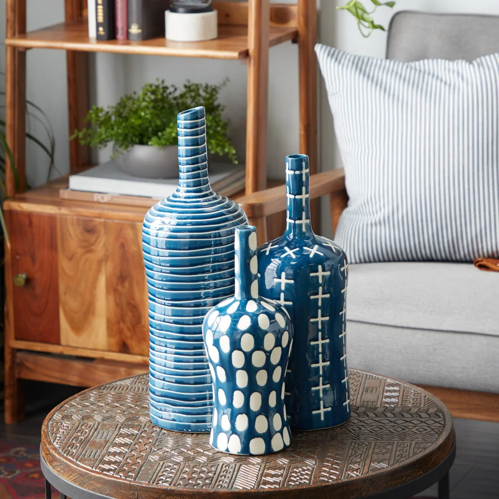 

KAZHAN 12", 15", 19"H Blue Ceramic Vase with Varying Patterns, Set of 3Living room decoration vase