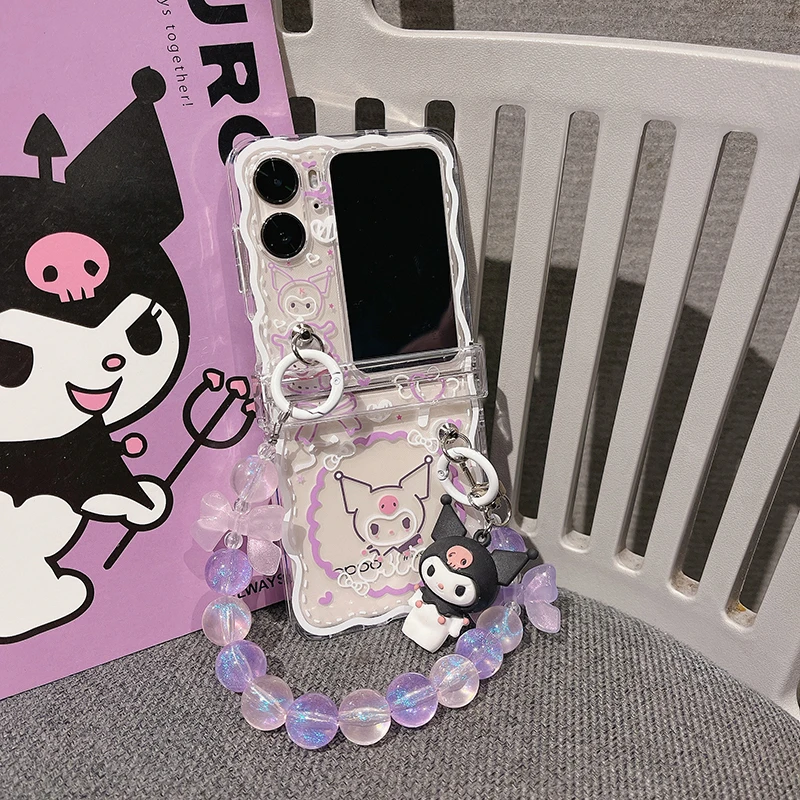 Cute Sanrio My Melody Kuromi Cinnamoroll  Hand Chain With Doll Pendant Phone Case  For OPPO Find N2 Flip Wavy Transparent Cover