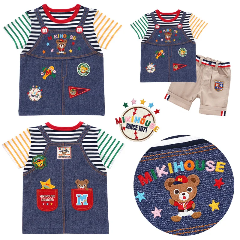 

Детская одежда Miki, Новинка лета 2022, футболки для мальчиков с милым мультяшным медведем, полосатыми ремешками, имитацией двух футболок с коро...