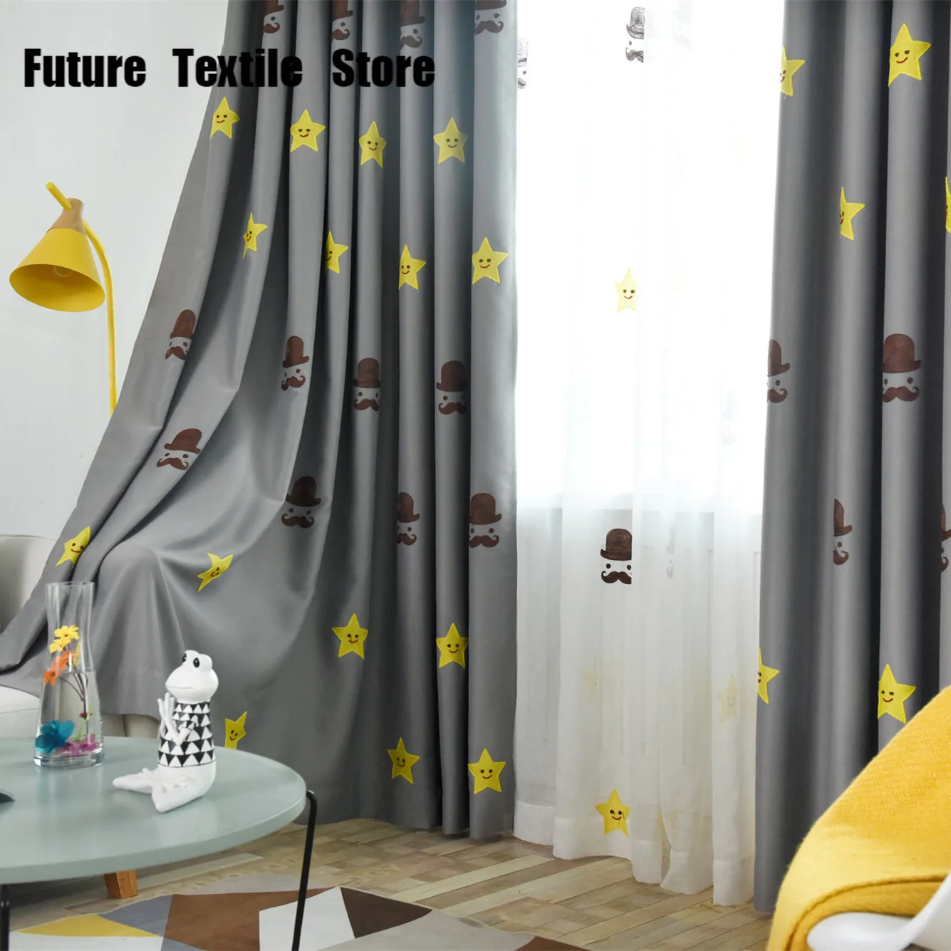 

Children's Room Shading Modern Nordic Cartoon Embroidered Curtain Finished Bedroom Floating Mediterranean Curtain