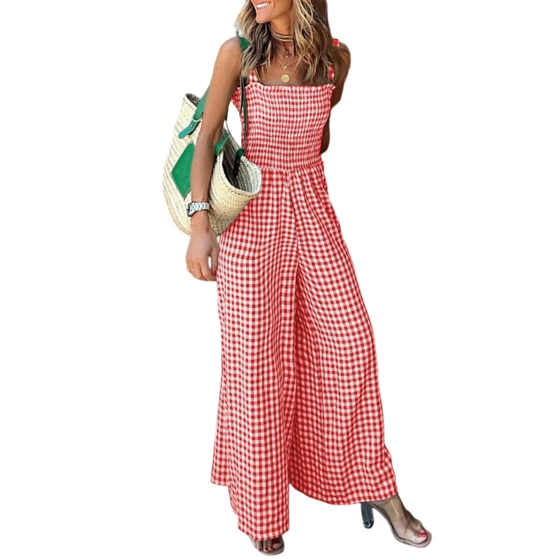 

Womens Casual Overall Jumpsuits Sexy Sleeveless Checked Plaid Suspenders Playsuits Loose Wide Leg Full Length Jumpsuit 517D
