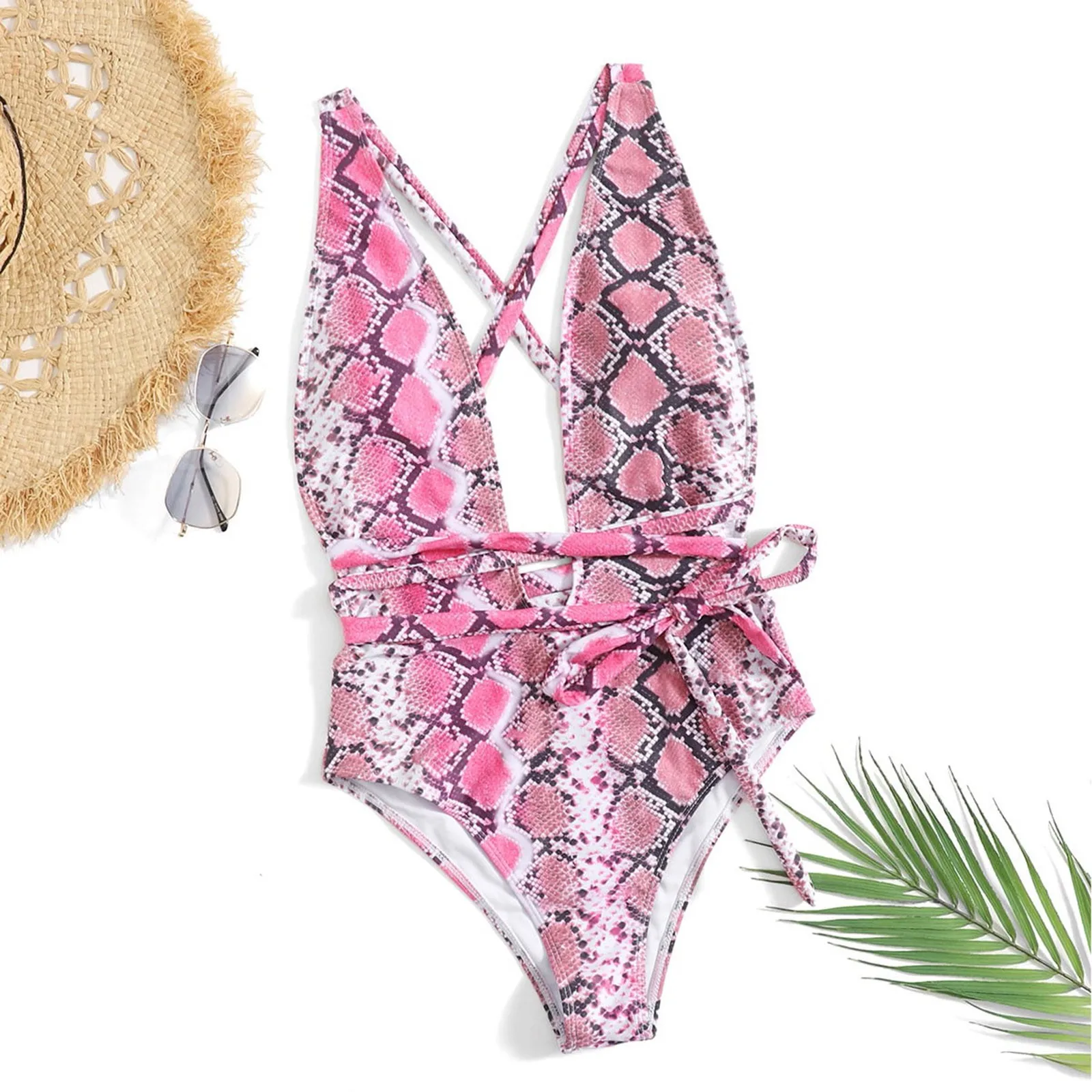 

Women's Sexy Deep V Strap Halter Print Bikini Backless Solid Swimsuit pool Sports Padded