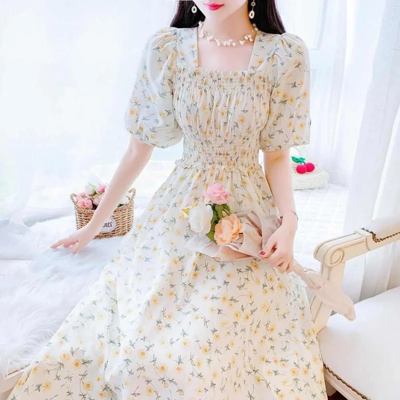 

HOUZHOU Summer Chic and Elegant Long Dress Women Floral Chiffon Puff Sleeve Square Neck Dresses Corset Fashion Beach Sundress