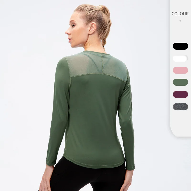 

Women Autumn and Spring Yoga Sports Long Sleeve Quick-Drying Breathable Mesh Stitching Elastic Running Exercise Workout Clothes