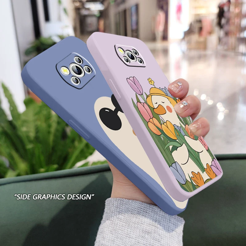 

Flowers Cute Drawing Duck Liquid Rope Funda Phone Case For Xiaomi Mi Poco X4 X3 C40 C3 M4 M3 F4 F3 GT Pro NFC 5G Back Cover