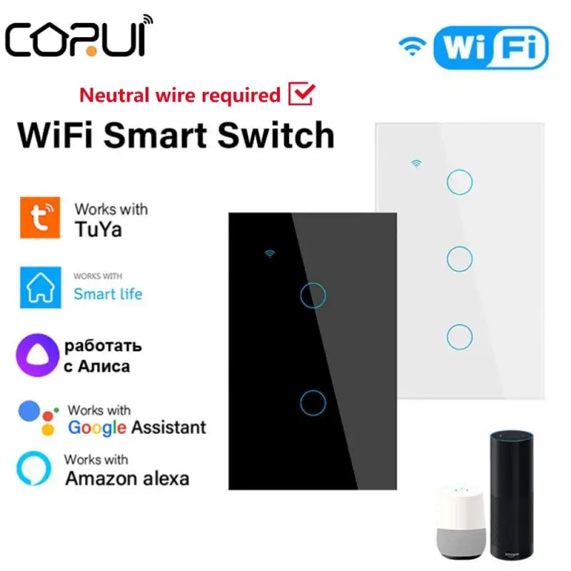 

CORUI Tuya WiFi US EU Smart Touch Switch 1/2/3/4 Gang Wall Button Need Neutral Works With Smart Life Alexa Google Home Alice