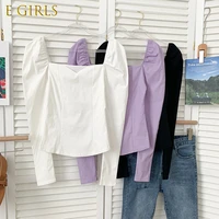 e girls elegant slim short woman blouses korean puff sleeve square collar shirts autumn 2021 new fashion blusas de mujer