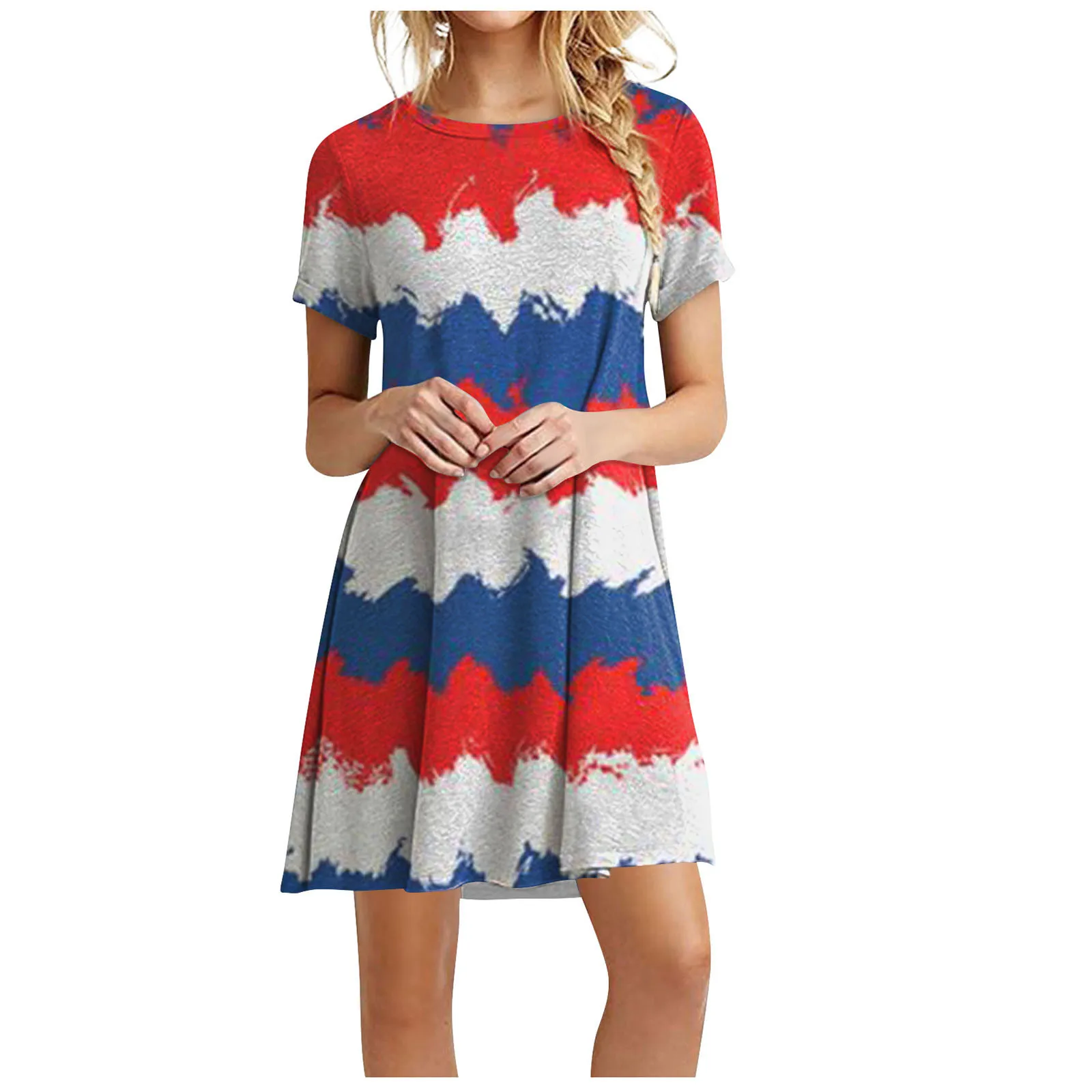 Women'S Summer Independence Day Print Loose Crewneck Short-Sleeved Dresses Elegant Casual Women'S Dresses платье женское Vestido