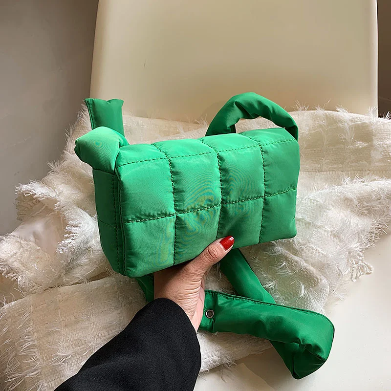 

Space cotton female shoulder bags top brand casual cassette winter padded crossbody bag square green solid color satchels