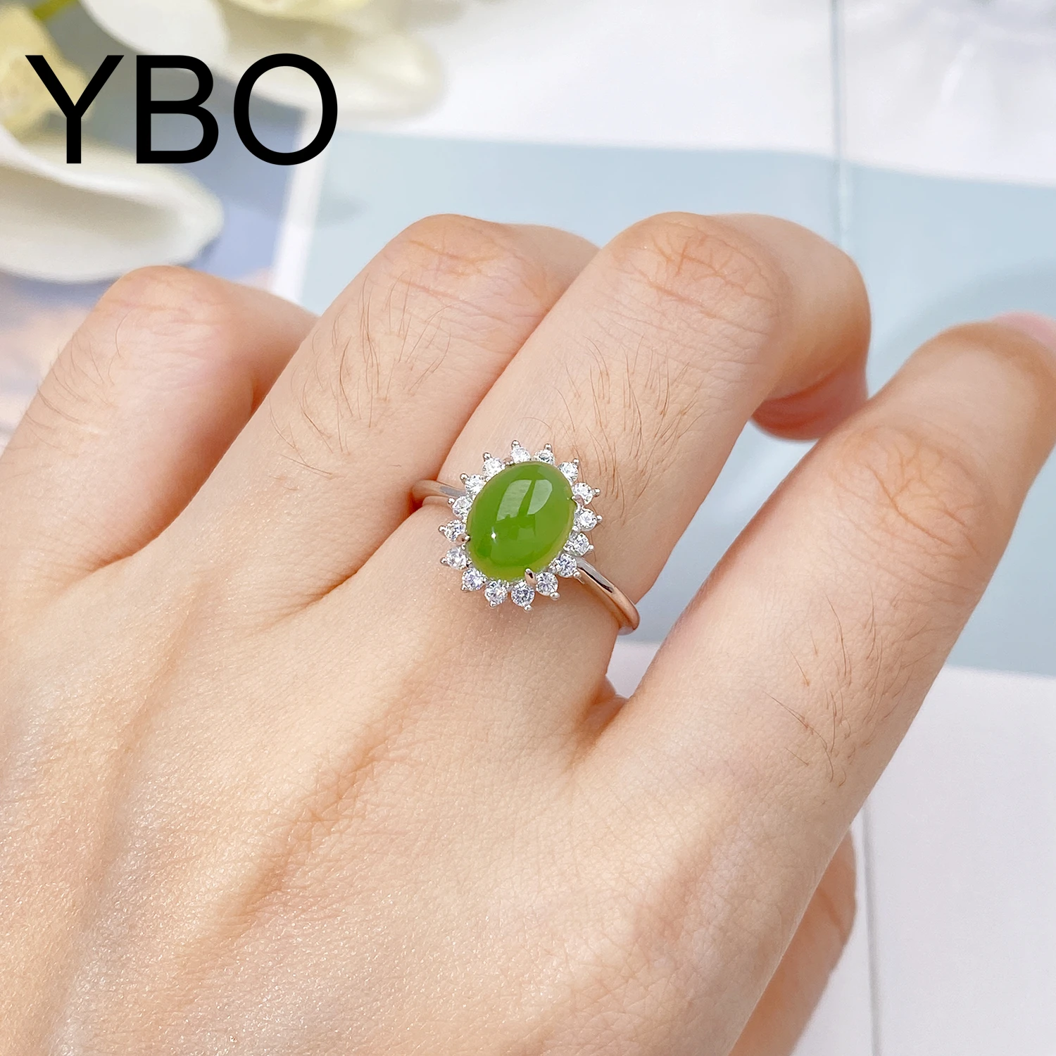 

YBO Natural Green Gemstone Jasper cz Rings For Women 925 Sterling Silver Adjustable Ring Fine Jewelry Women Wedding Engagement