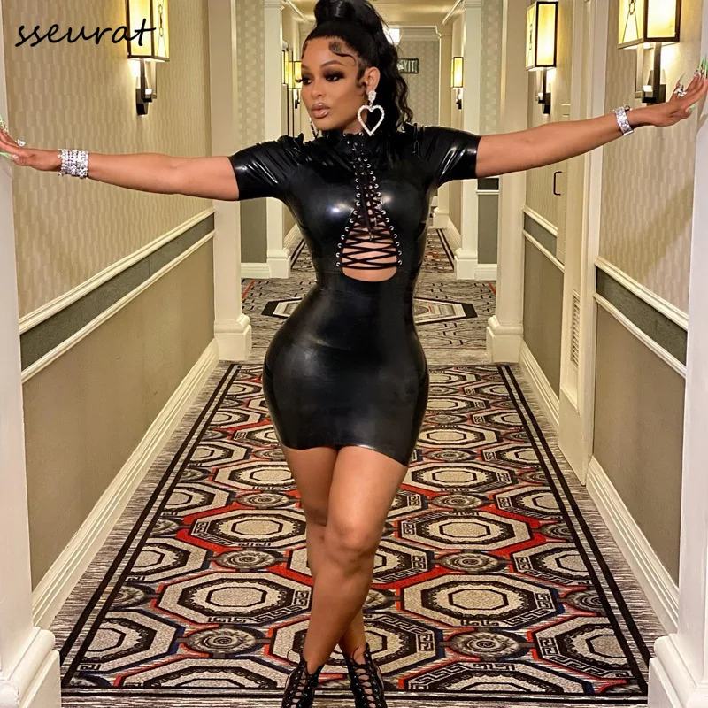 

Платье из искусственной кожи однотонное с коротким рукавом ажурные мини-платья пикантное эластичное платье для ночного клуба Вечерние