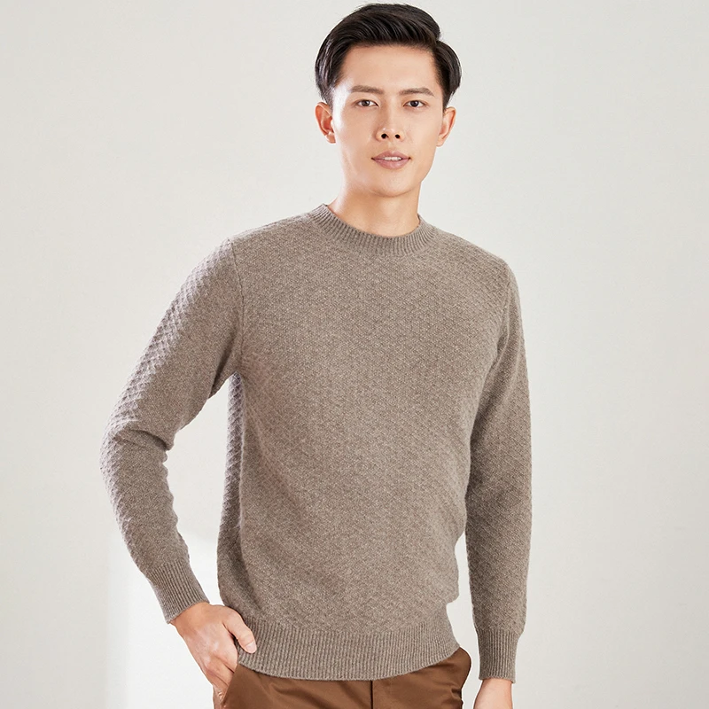 Men's 100% pure wool cashmere sweater round neck fashion knitted pullover autumn and winter casual thick