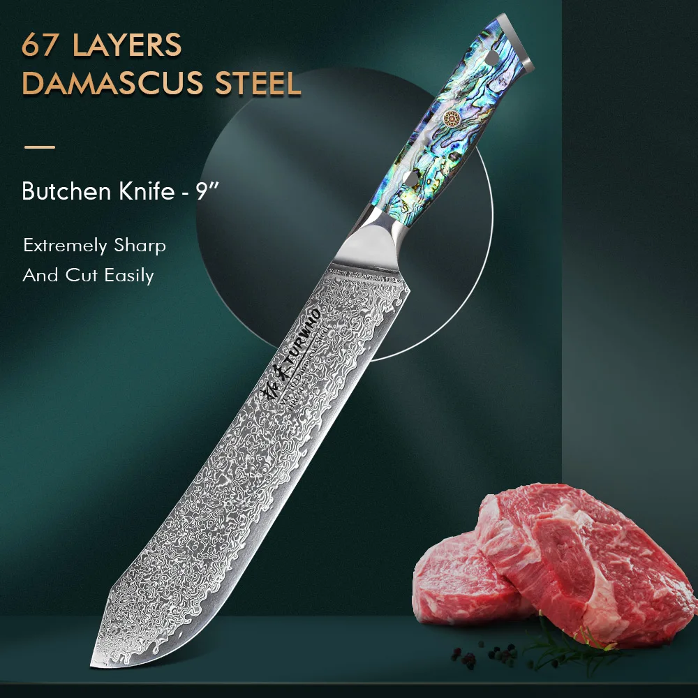 TURWHO 9 Inch Chef Knife Japanese 67 Layer Damascus Steel Butcher Meat Fish Kitchen Knives Machete Tool Abalone Shell Handle