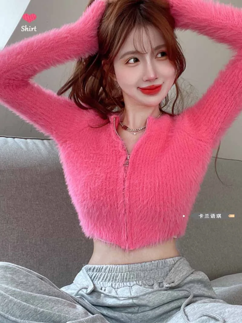 

Милый мохеровый свитер на молнии, Укороченный кардиган из белого меха, вязаная куртка, корейская модная одежда, розовый кардиган, топы для женщин