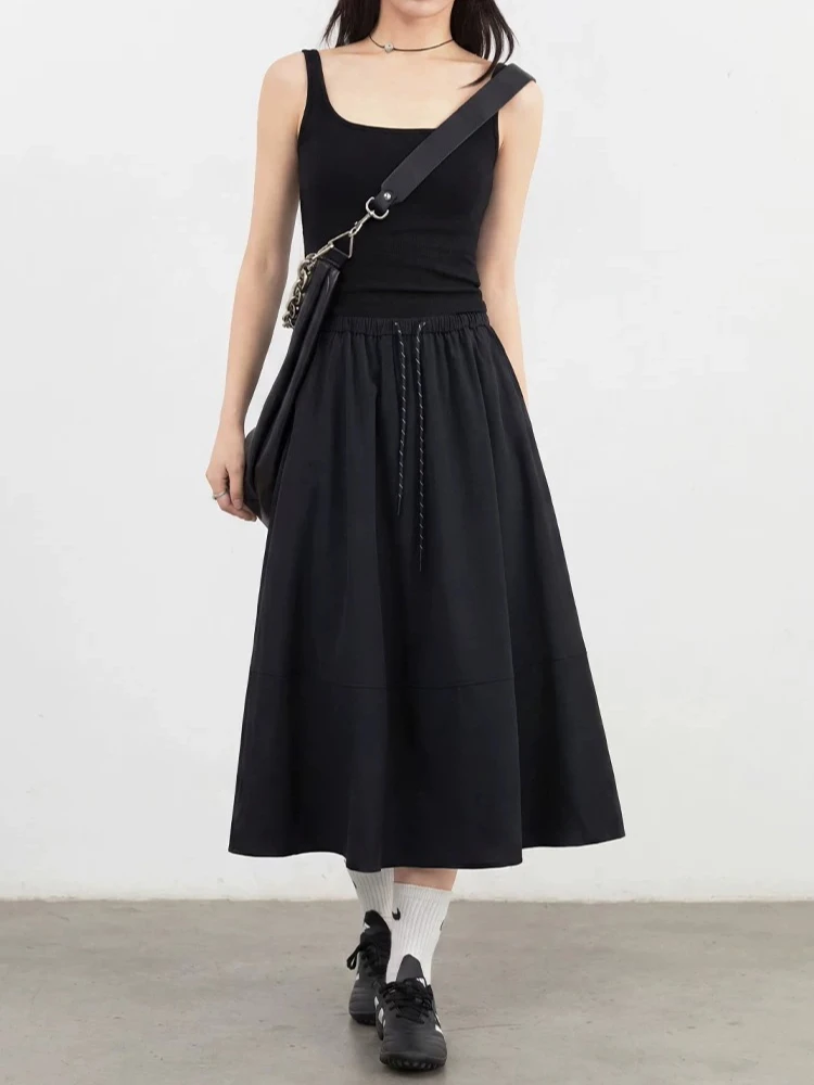 Фото Модная корейская женская длинная юбка-полусолнце CHIC VEN, однотонная, с эластичным поясом и завязками, для девушек, лето 2026 №3
