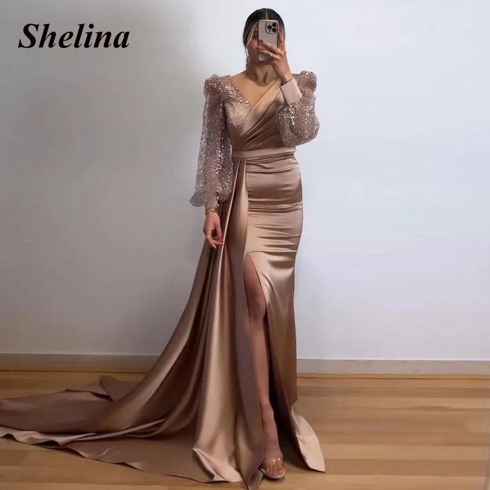 

Shelina Delicate Glitter Slit Formal Occasion Dresses Pleat Full-sleeve Court Train Evening Gowns Vestido De Noite Customer Made