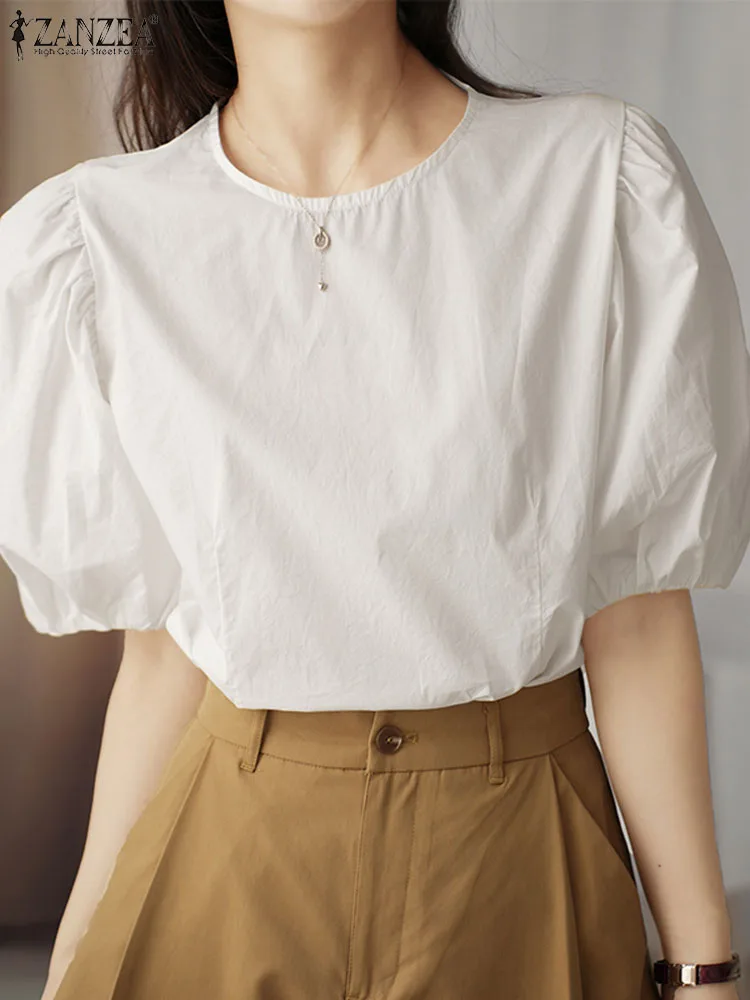 

Повседневная Свободная рубашка ZANZEA для отдыха, модная блузка с пышными рукавами, летняя женская элегантная офисная рубашка, однотонная блузка с круглым вырезом для женщин