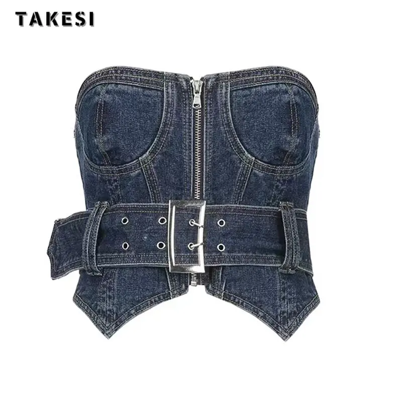 

Women Hotsweet Belt Zipper Design Strapless Blue Tanks Top 2023 Summer New Fashion Korean Y2k Slim Fit Crop Top Sexy Vest