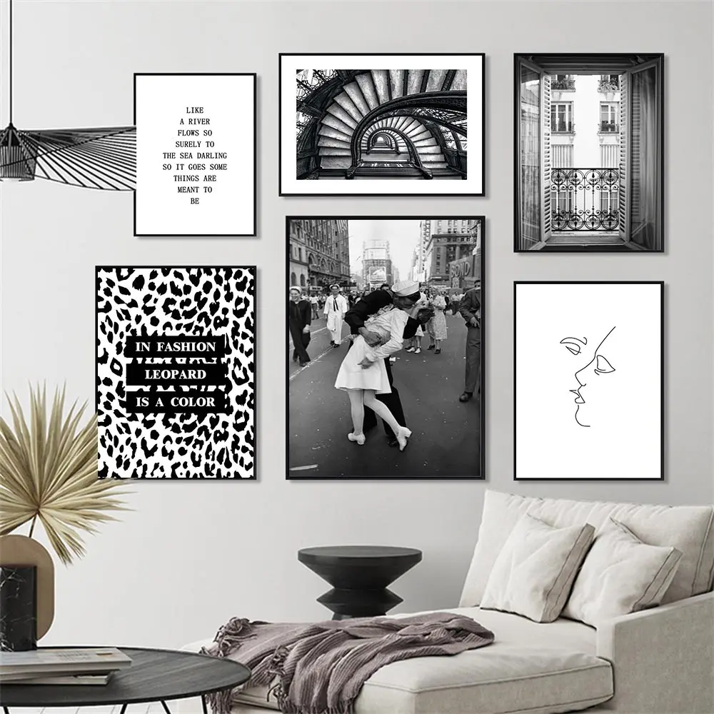 Модный настенный постер с изображением пары поцелуев черная белая линия рисунок