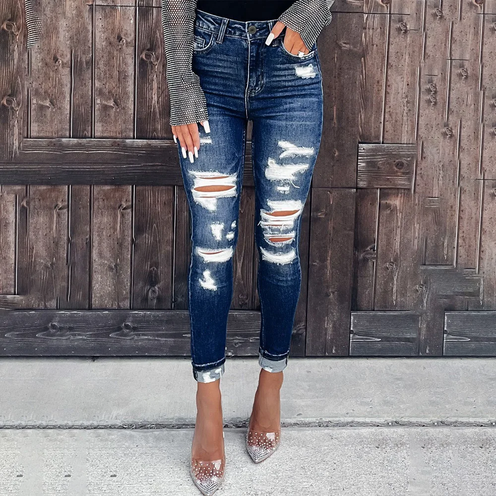 Women's Slim Fit Broken Holes Jeans Skinny Streetwear Vintage High Waist Tight Pencil Pants Ladies Casual Autumn Basic Trousers